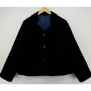 SIMONE CHIN CHIN Jacket M Velvet Silk Quilted Reversible Button Front Black Blue